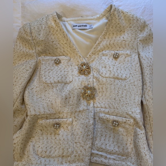 Self Portrait Cream Metallic Boucle Mini Jacket Dress - Picture 4 of 11